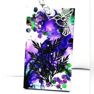 Silver Bird Charm Sparkle Purple Watercolor  Real Flower Fern Necklace